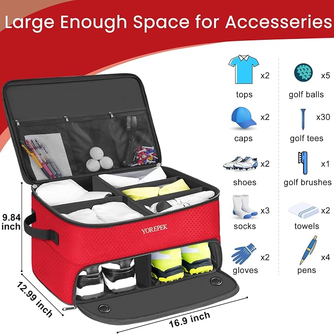 2 Layer Golf Trunk Organizer, Golf Gifts for Men with Separate Ventilated Compartment for 2 Pair Shoes, Waterproof Car Trunk Locker for Balls, Tees, Clothes, Gloves, Gifts for Golfers