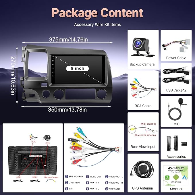 Upgrade 4+64GB Android 13 Car Radio for Honda Civic 2006 2007 2008 2009 2010 2011, 9Inch IPS Touchscreen Stereo for Civic with Carplay Android Auto Mirrorlink in-Dash GPS WiFi Bluetooth SWC