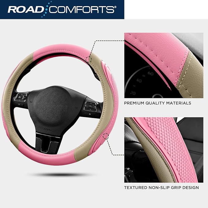 Car Steering Wheel Cover - Microfiber Leather Steering Wheel Wrap Sports 14.5-15 Inch Steering Wheel Cover Non-Slip for Men Women Pink & Beige Color