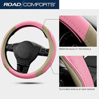 Car Steering Wheel Cover - Microfiber Leather Steering Wheel Wrap Sports 14.5-15 Inch Steering Wheel Cover Non-Slip for Men Women Pink & Beige Color