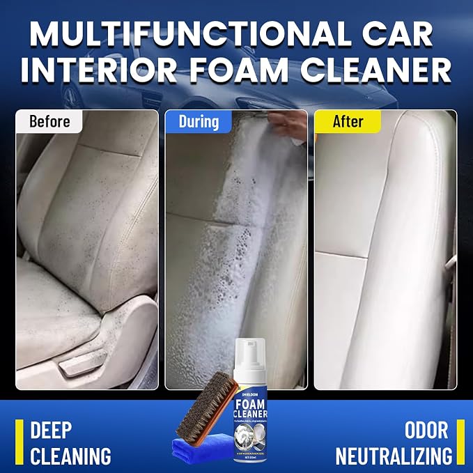 Car Interior Foam Cleaner Multifunctional Car Seat Cleaner Powerful Carpet Upholstery Stain Remover Kit with Detailing Brush & Towel Safe for Cloth, Leather, Fabric, Vinyl & Plastic 5oz