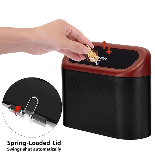 Mini Car Trash Can with Lid, Small Car Garbage Can, Cute Leakproof ABS Car Trash Bin, Car Accessories for Interior, Garbage Bin for Car, Home, Office with 60pcs Trash Bags Black/Red