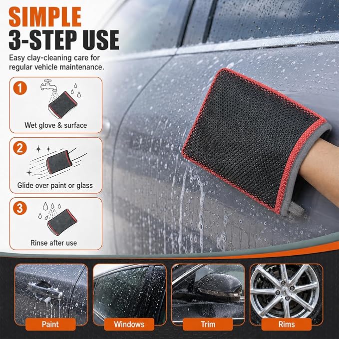 Clay Mitt for Car Detailing, No Scratch Reusable Magic Clay Bar Glove, Microfiber Auto Cleaning Supplies for Removing Debris from Paint, Glass, Wheels, Windshield(Red)