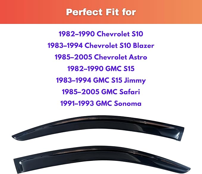 KPY Rain Guards Fit for 1982–1990 Chevrolet S10/GMC S15, 1983-1994 S10 Blazer/S15 Jimmy, Out-Channel Window Visors Vent Wind Deflectors 2PC, 1985-2005 Chevy Astro/GMC Safari, 1991-1993 GMC Sonoma