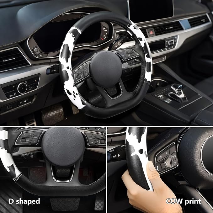 Cow Print Steering Wheel Cover, D Shaped Car Wheel Cover Microfiber Leather 14 1/2-15 in (37-39 cm)