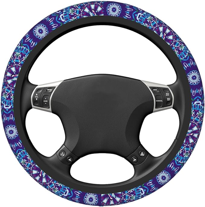 Boho Purple Flower Neoprene Steering Wheel Cover for Men Women Anti-Slip Elastic Steering Wheel Protective Cover 15in Universal Car Accessories Fit Cars, SUVs, Auto