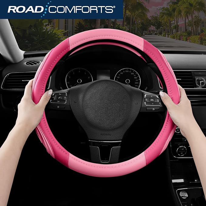Car Steering Wheel Cover - Microfiber Leather Steering Wheel Wrap Sports 14.5-15 Inch Steering Wheel Cover Non-Slip for Men Women Pink & HotPink Color