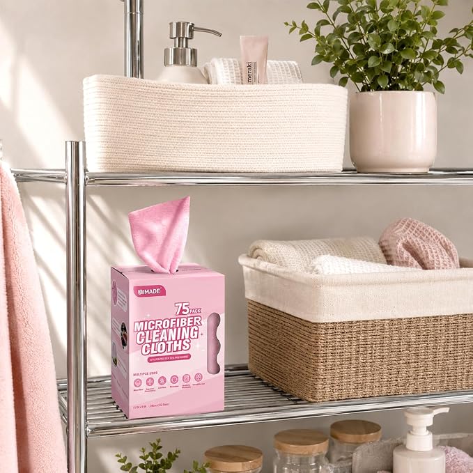 Microfiber Cleaning Cloth, 75 Sheets Microfiber Towels for Cars Commercial Grade Washcloths Lint-Free Bulk Shop Towel Cleaning Rags for Household Restaurant Garage Housekeeping, 11"x 9", Pink