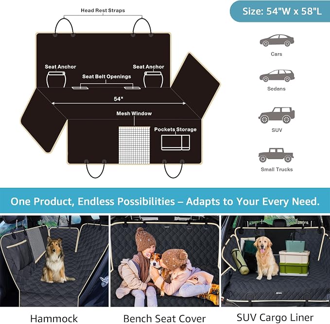 Dog Car Seat Covers for Back Seat with 2 Seat Belts, Waterproof Dog Car Hammock with Mesh Window Durable Scratch Proof Nonslip Pet Carseat Covers Universal Fit Protector for Cars, Trucks & SUVs