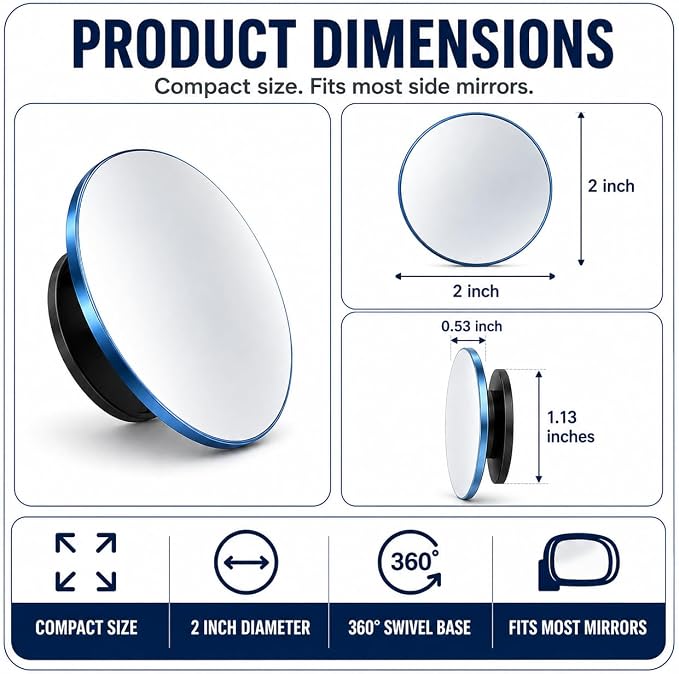Frameless Car Blind Spot Mirror 2 Pack - Premium Convex HD Glass Round Side Blind Spot Mirrors with Wide Angle View, Eliminate Blind Zones & Parking Assistance for Safe Driving