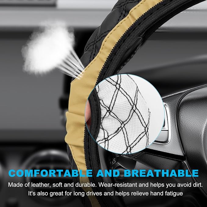 Car Steering Wheel Cover, 15 Inches Non-Slip Leather Car Steering Wheel Protector, Universal Steering Wheel Soft Cover Mats for Car Truck SUV, Interior Car Accessories (Beige)