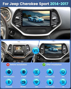 4+64G Android Car Stereo for Jeep Cherokee Sport 2014 2015 2016 2017 with Wireless Carplay/Android Auto - 10 Inch HD Touchscreen Radio with 32EQ DSP/5G WiFi/GPS/SWC + AHD Rear View Camera
