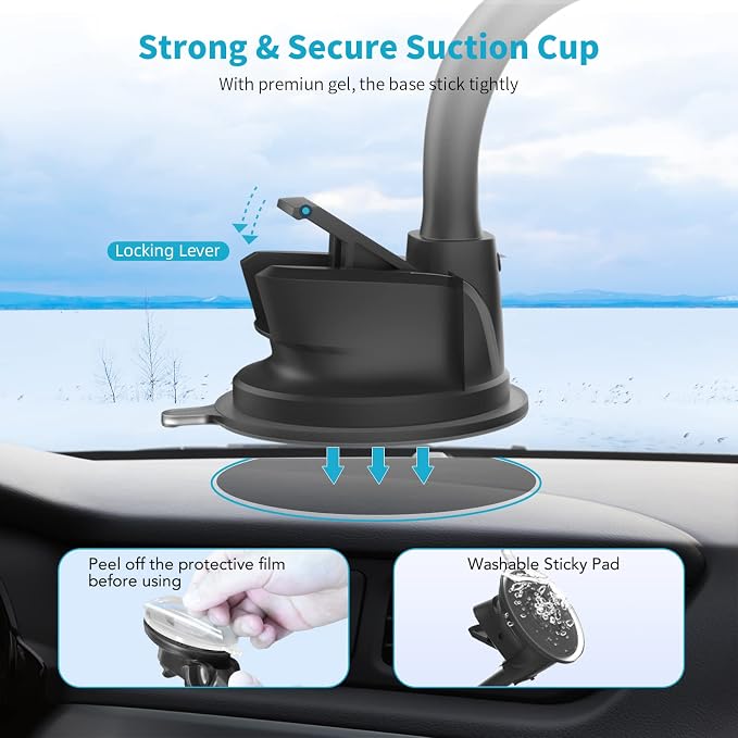 Magnetic Phone Holder Mount with 13-inch Flexible Long Arm & 6 Strong Magnets, Anti-Shake Holder for Truck Windshield Dashboard, Suction Car Mount for All Phones