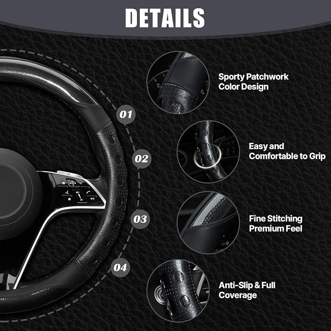 Hiseanllo Car Steering Wheel Cover, 14.5-15 Inch Universal Fit, Sporty Anti-Slip Leather Steering Wheel Protector with Glossy Color Accent, Comfortable Grip for Cars, SUVs, Trucks(Black)