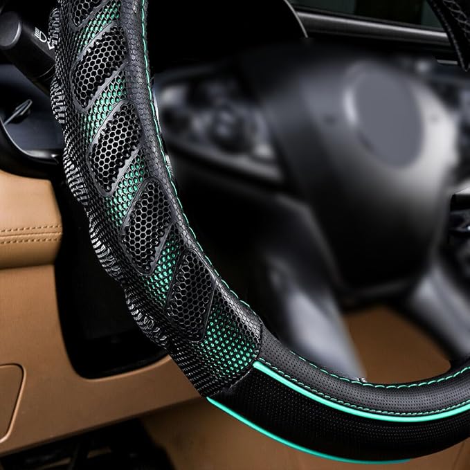 car Steering Wheel Cover Faux Leather Massage Universal fit 3D Honeycomb Hole Anti-Slip Sporty 15 Inches (Mint Green Black)