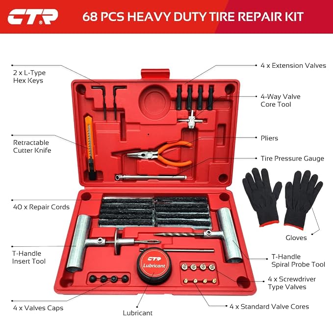 Heavy Duty Tire Plug Kit - 68pcs All-in-One Universal Tire Repair Kit with Plugs, Professional Tools for Tubeless Tyre Flats for Cars, Truck, RV, SUV, ATV, Motorcycle, Tractor, Trailer - GE0001
