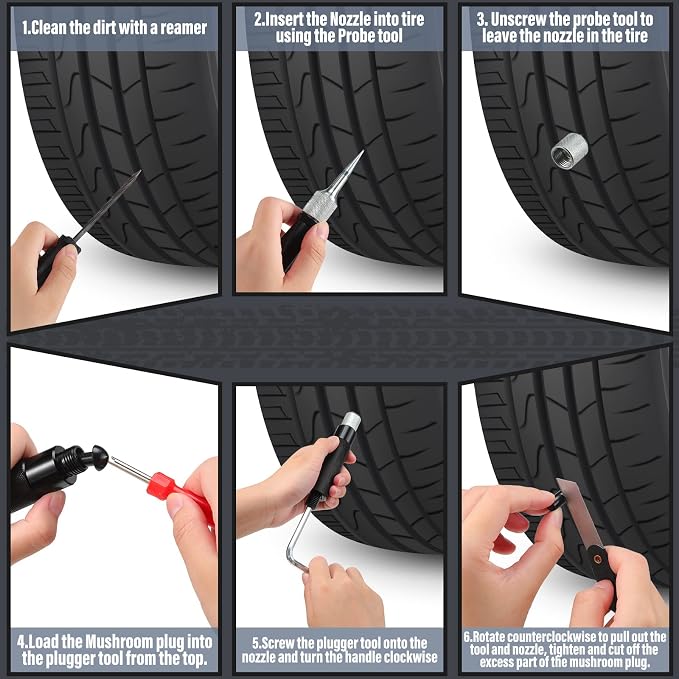 19 Pcs Tire Repair Kit Mushroom Plug Set, Heavy Duty Tubeless Tire Puncture Repair Tool Kit for Cars, Trucks, Motorcycles & ATV, Emergency Roadside Flat Fix Set with Portable Storage Pouch