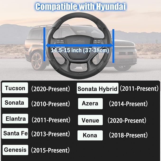 Auto Car Steering Wheel Cover for Hyundai,Tucson,Sonata,Elantra,Santa Fe,Genesis,Sonata Hybrid,Azera,Venue,Kona, 14.5-15 inches(Black-Standard Size)