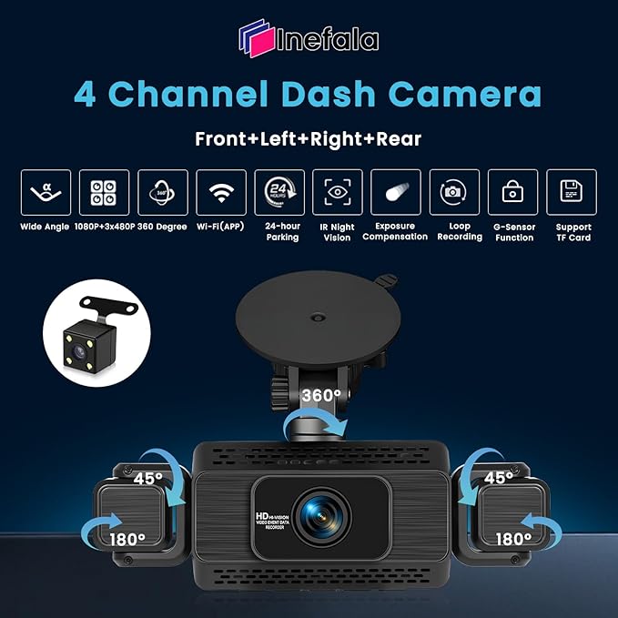 4 Channel Dash Cam, 360 Dash Camera FHD 1080Px4 Front and Rear Inside Left Right, Car Camera with 5G WiFi/APP Loop Recording G-Sensor Night Vision Motion Detection Backup Assist