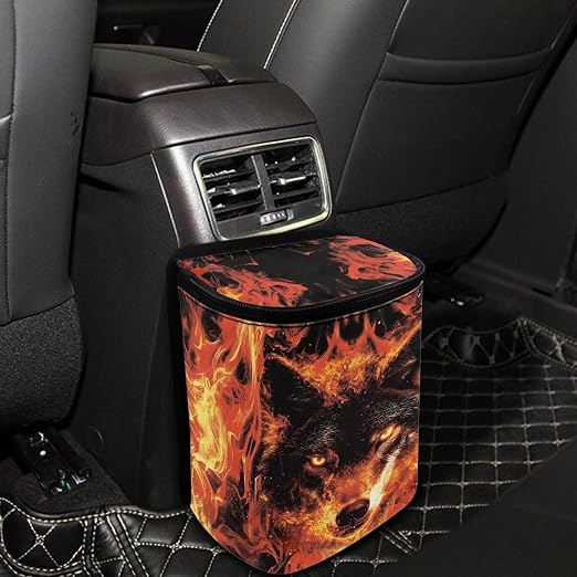 Wolf Fire Print Car Trash Can with Lid, Leak Proof Auto Trash Bag Hanging Vehicle Garbage Can Multipurpose Storage Container for Back Seat Road Trip
