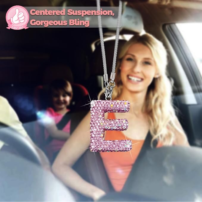 Bling Pink Car Accessories for Women Letter Charm, Rainbow Color Rear View Mirror Cute Crystal Pendant Car Decorations, Lucky Gifts Diamond Rhinestone Charm Letter E