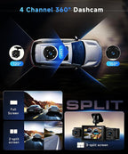 360° Dash Cam Front and Rear Inside Left Right, 4 Channel FHD 1080P Dash Cam for Cars, 3 Inch IPS Dashcams with Night Vision, Loop Recording, 24H Parking Mode Monitor, Reverse View