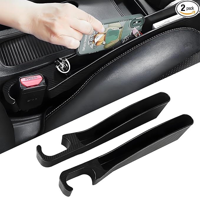 2 PCS Car Seat Gap Filler, Seat Gap Filler with Black-Carbon Fiber Texture for Cars SUV Trucks, Console Side Gap Organizer Storage Box with Charge Cable Hole, Fit for 1.2 Inches Seat Console Gap