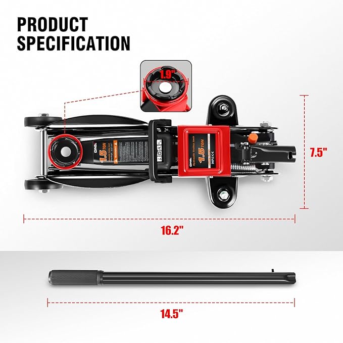 DNA Motoring 1.5 Ton Car Floor Jack Low Profile Hydraulic Trolley Service/Floor Jack, 1.5T / 3000 lbs Capacity, Lifting Range 5.3 Inch -12 Inch, with Storage Case, Black, TOOLS-00327-BK