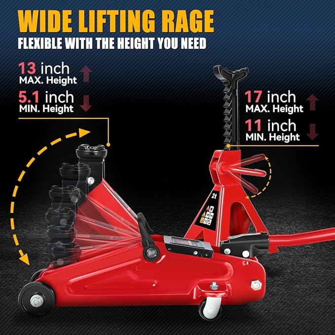 2 Ton (4000 lbs) Capacity Floor Jack Low Profile Garage Hydraulic Trolley Service Lift Floor Jack Combo with Ratchet Jack Stands for SUV, Car and Truck, Red
