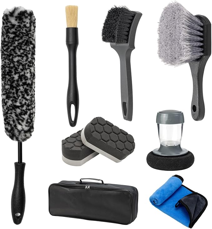 9Pcs Car Wheel Brush kit, Tire Brush, Microfiber Flat Wheel Cleaner Brush | Soft-bristled Rim Cleaner Brush, Tire Shine Applicator, Detailing Brushes, Detailing Pads, Scratch-Free Car Drying Towel