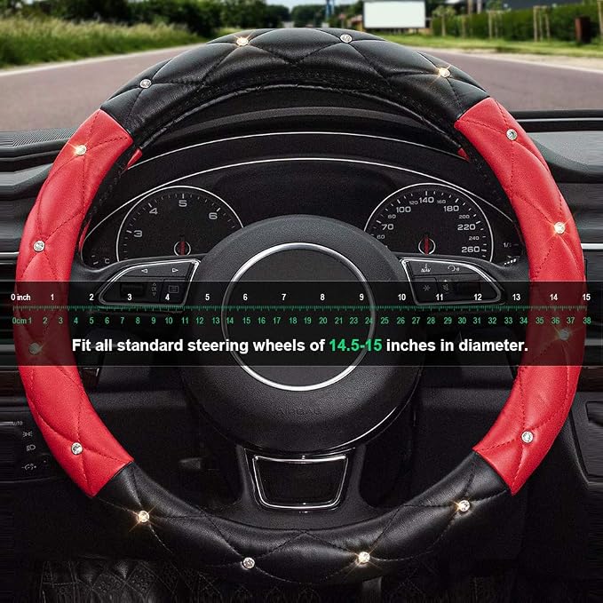 Black Red Steering Wheel Cover, Universal Car Steering Wheel Protector with Crystal Rhinestones Anti-Slip Soft Interior Accessories for Women and Girl Fit 14.5-15 inch