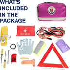 Roadside Assistance Emergency Car Kit - First Aid Kit, Jumper Cables, Tow Strap, led Flash Light, Rain Coat, Tire Pressure Gauge, Safety Vest and More Ideal Winter Accessory for Your Car (Pink)