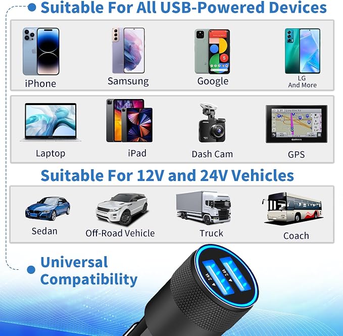 【MFi Certified】iPhone Car Charger Fast Charging, 4.8A Dual USB Smart Power Cigarette Lighter USB Car Charger with 2Pack Lightning Braided Cable for iPhone 14 13 12 11 Pro XS Mini XR X SE iPad