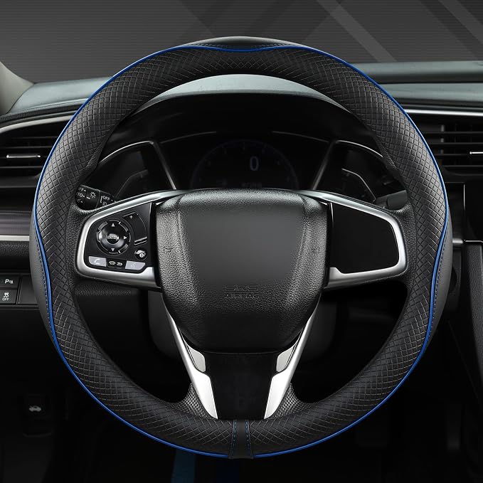 Microfiber Leather Car Steering Wheel Cover for Honda Accord Civic CR-V HR-V Pilot Fit Passport Odyssey,Sport Style,14.5-15 inch (Black+Blue Line-Standrad Size)