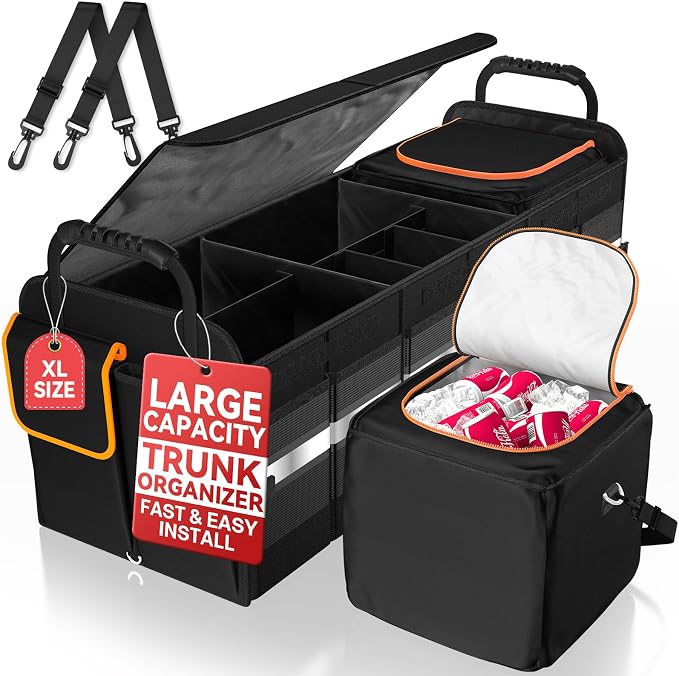 XL Heavy-Duty Trunk Organizer – Reinforced SUV & Truck Cargo Storage with 6 Adjustable Compartments, Trunk Organizer with Cooler, Collapsible Large Trunk Organizer for Car with Cover