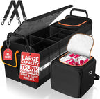 XL Heavy-Duty Trunk Organizer – Reinforced SUV & Truck Cargo Storage with 6 Adjustable Compartments, Trunk Organizer with Cooler, Collapsible Large Trunk Organizer for Car with Cover