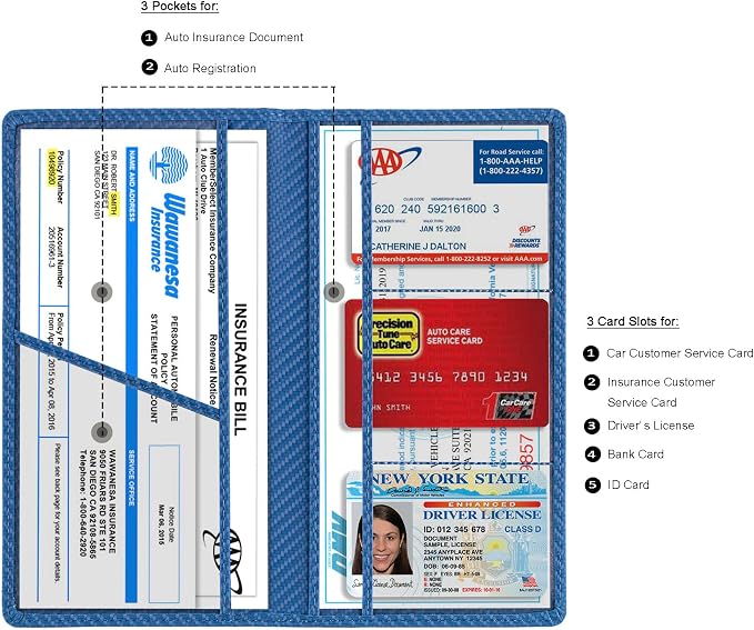Car Registration and Insurance Card Holder, Vehicle License Document Glove Box Compartment Organizer, Essential Car Wallet Case for Driver Auto Owners (Carbon Blue)