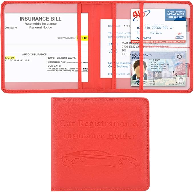 Car Registration and Insurance Holder, Vehicle Glove Box Car Organizer Men Women Wallet Accessories Case for Cards, Essential Document, Driver License, Red