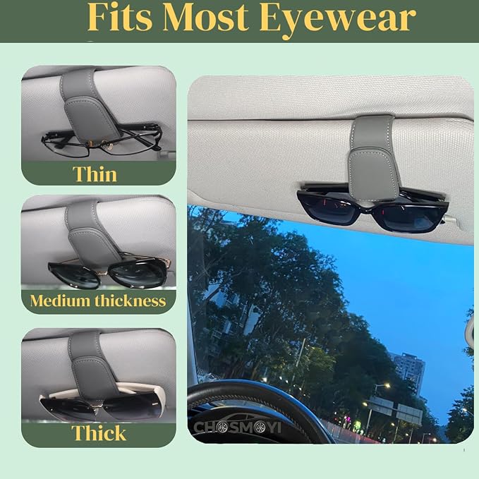 CHOSMOYI Magnetic Leather Sunglass Holder for Car, Sunglasses Clip for Car Visor, Auto Interior Accessories Universal for Different Size Eyeglasses (Grey)
