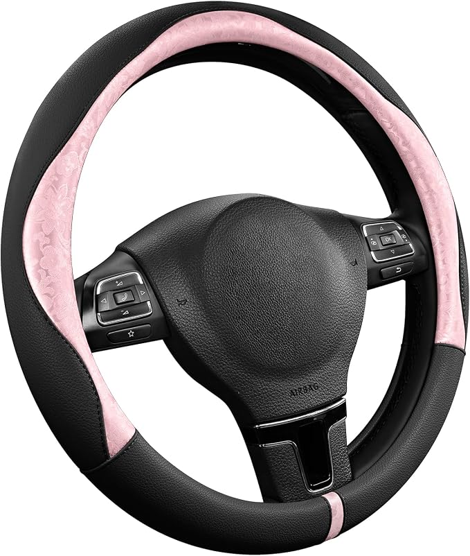 Steering Wheel Cover, Pink Patterned & Black Leather Patchwork Design, Universal Fit 14.5"–15.5", Anti-Slip, Odor-Free, Soft PU Grain Leather, Durable Grip Car Accessory for Girls & Women