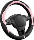 Steering Wheel Cover, Pink Patterned & Black Leather Patchwork Design, Universal Fit 14.5"–15.5", Anti-Slip, Odor-Free, Soft PU Grain Leather, Durable Grip Car Accessory for Girls & Women