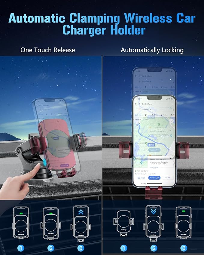 3-in-1 Wireless Car Charger Mount, 15W Fast Charging Auto-Clamping Phone Holder for iPhone 17 16 15 14, Samsung Galaxy S24 S23, Dashboard, Vent & Windshield Car Mount(Deep Red)