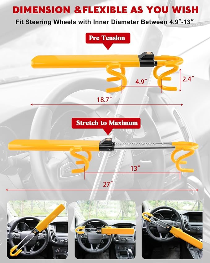 Steering Wheel Lock - Heavy Duty Antitheft Device and Car Security Lock with Adjustable Locking and 3 Keys - Great Vehicle and Truck Deterrent (Yellow)