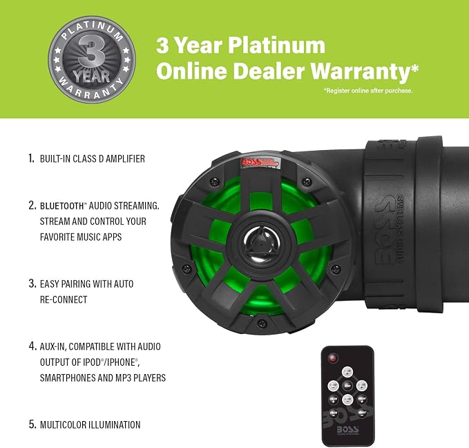 UTV4BRGB ATV Sound System - 4 Inch Speakers, Tweeters, IPX5 Weatherproof, Bluetooth, Built-in Amplifier, Multi-Color Illumination