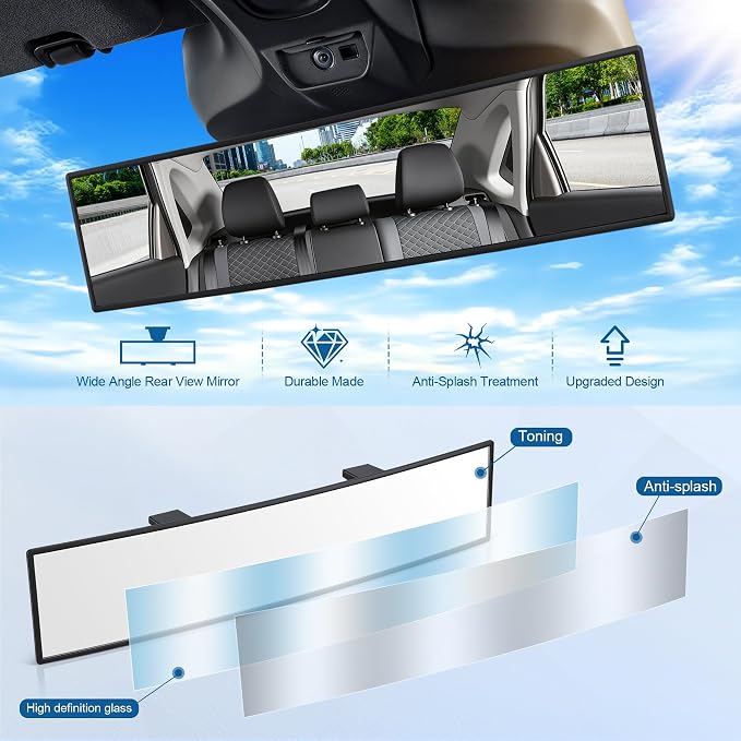 Interior Rearview Mirrors, 14 Inch Universal Panoramic Car Rear View Mirror Accessories, Wide Angle Reduce Blind Spot Effectively for Car, Jeep, Truck, Motorcycle, Tractor, ARB, ATV, SUV, RV