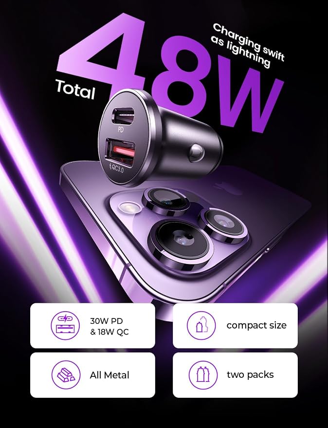 USB C Car Charger Adapter [2 Pack] [Mini & Metal] Cigarette Lighter USB Charger Fast Charging [PD QC 3.0] USBC Car Phone Charger for iPhone 15 Pro Max Plus 14 Samsung Galaxy S23 iPad Pro, Purple | Cigarette Lighter Charger, USB C Car Charger Fast...