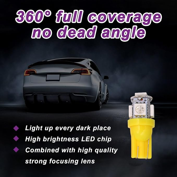 10 PCS Car Interior LED Light Bulb, T10 5050 5SMD LED Car Bulb Kit, Super Bright Automotive Led Replacement Bulbs for Dashboard Dome Map Door Courtesy License Plate Lights (Yellow)