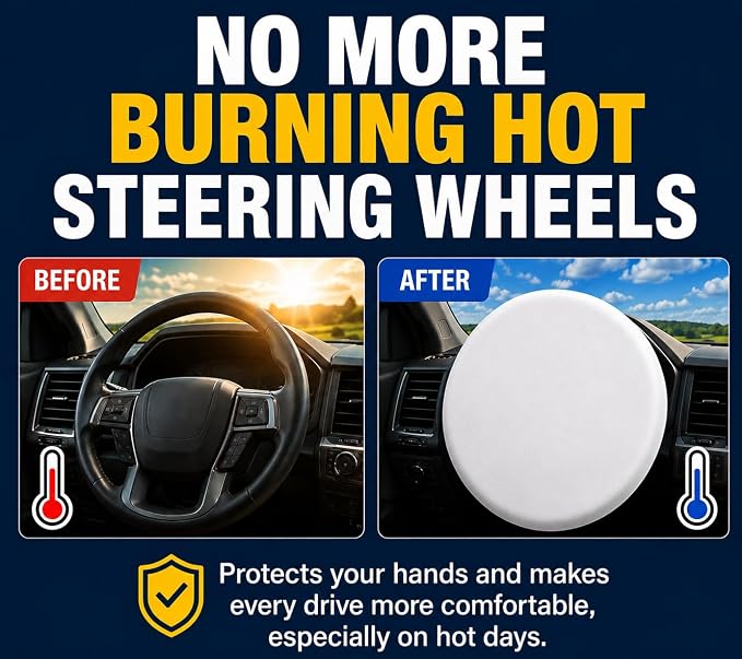 Steering Wheel Sunshade Cover, Anti-Heat Cooling Shield, Blocks Sun & Heat, Reflective White, Universal Fit for Most Cars (Up to 18")