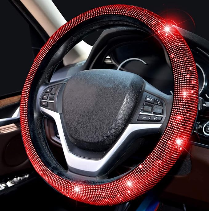 Steering Wheel Cover for Women Bling Bling Crystal Diamond Sparkling Car SUV Wheel Protector Universal Fit 15 Inch (Black with Red Diamond,Standard Size(14" 1/2-15" 1/4))