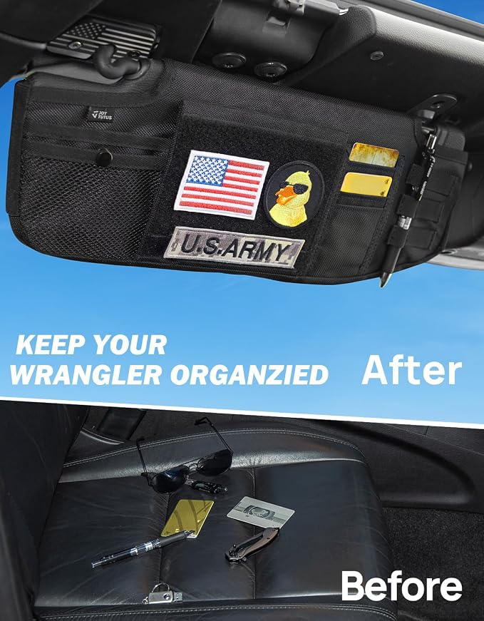 Sun Visor Organizer Compatible with 2018-2026 Wrangler JL & Gladiator JT, Driver's Side Front Tactical Visor Storage Cover Molle Webbing Visor Storage Holder Pouch, Multi-Pocket Net Zipper